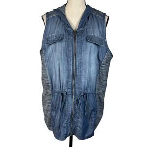 Zenergy by Chico’s SZ 2 (Large) Vest Jacket Chambray Full-Zip Hooded Pocket Blue